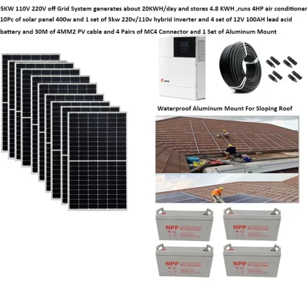 Solar Panel Kit Complete 5000W 220V 110V 50/60HZ Lifepo4 Battery Hybrid Inverter MPPT Off Grid System Heater 4HP Air Condition 5