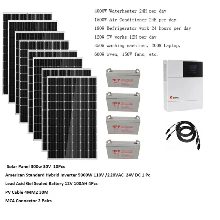 Solar Panel Kit Complete 5000W 220V 110V 50/60HZ Lifepo4 Battery Hybrid Inverter MPPT Off Grid System Heater 4HP Air Condition 4