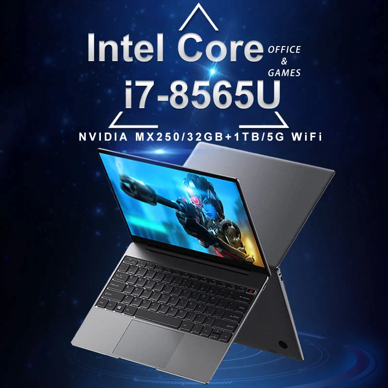 Gaming Ultrabook Notebook 14.1”Intel Core i7-8565U NVIDIA MX250 8GB RAM Fingerprint Unlock Laptop 5G WiFi 2*USB2.0 DDR4 BT4.0 2