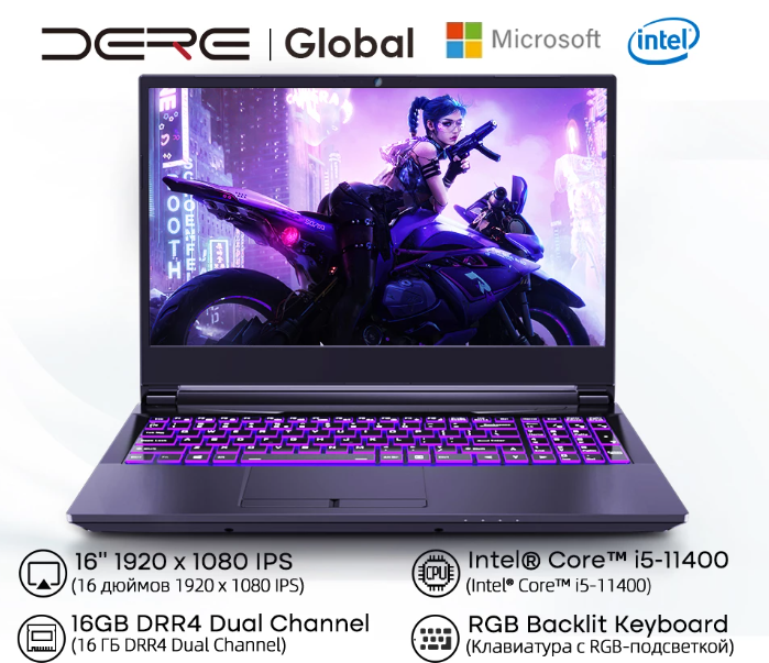 Dere GT1 Gaming Laptop 16" IPS Dual Channel 16GB RAM 512GB SSD Intel Core i5 Windows Notebook RGB Backlit Keyboard pc Computer 1