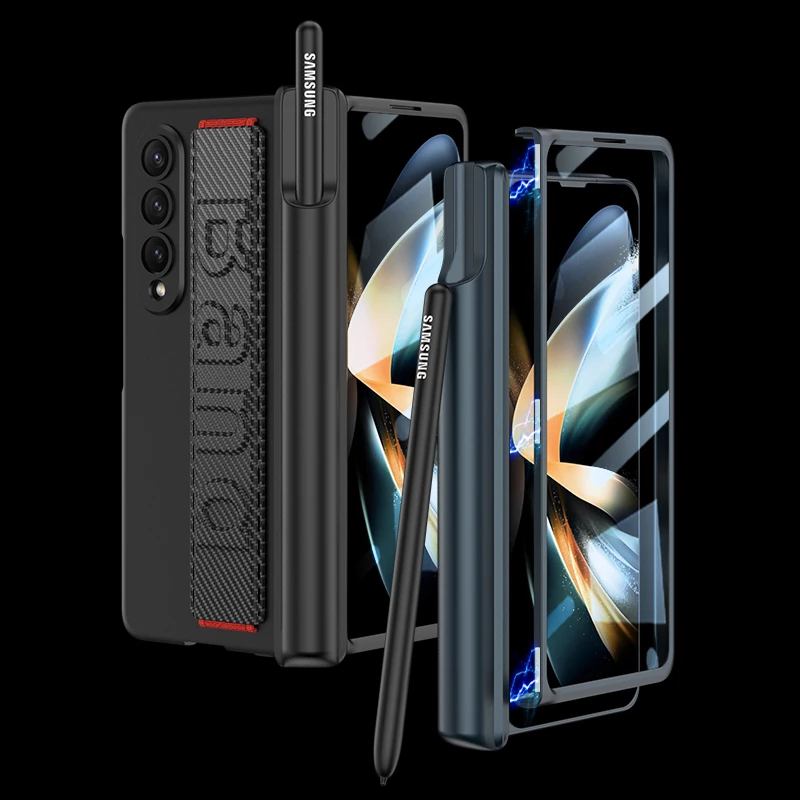 Magnetic Hinge Pen Holder Protective Case For Samsung Galaxy Z Fold 4 5G Fold4 Case with Wrist Band Glass Film Hard PC Cover 1