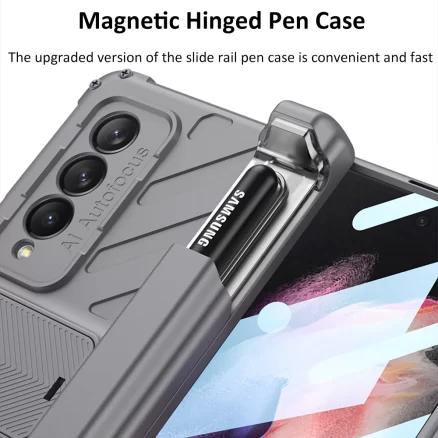 Magnetic Hinge Slide Pen Slot Case For Samsung Galaxy Z Fold 3 5G Stand Case with Glass Film Armor Bracket Cover for Fold3 Case 6