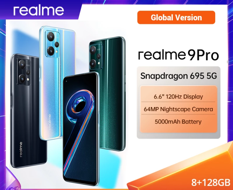 Global version realme 9 pro 5G Mobile phone 8GB RAM 128GB ROM smartphone 6.6inch FHD+ Display 120Hz Qualcomm Snapdragon 695 5G 2