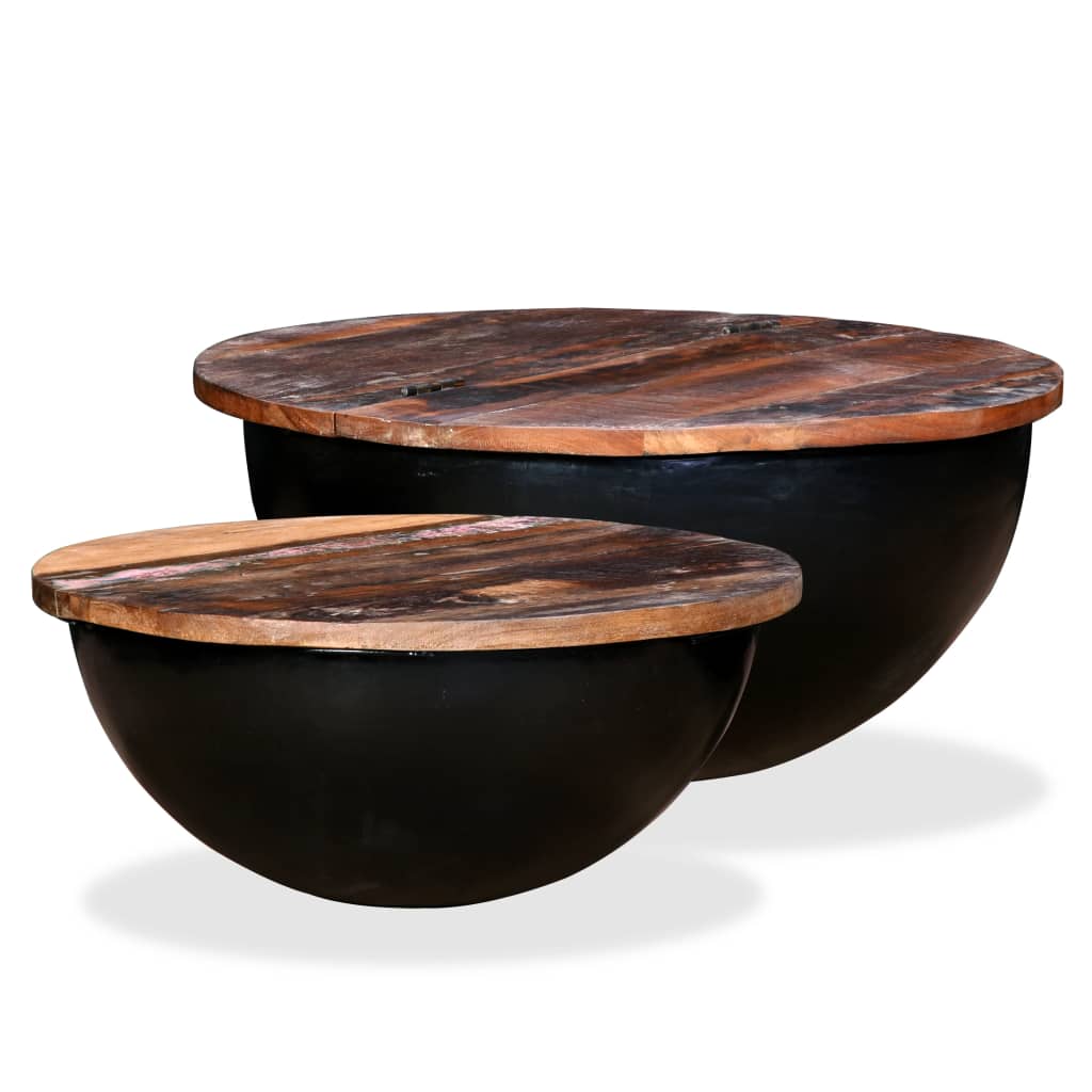Coffee Table Set 2 Pieces Solid Reclaimed Wood Black Bowl Shape 2