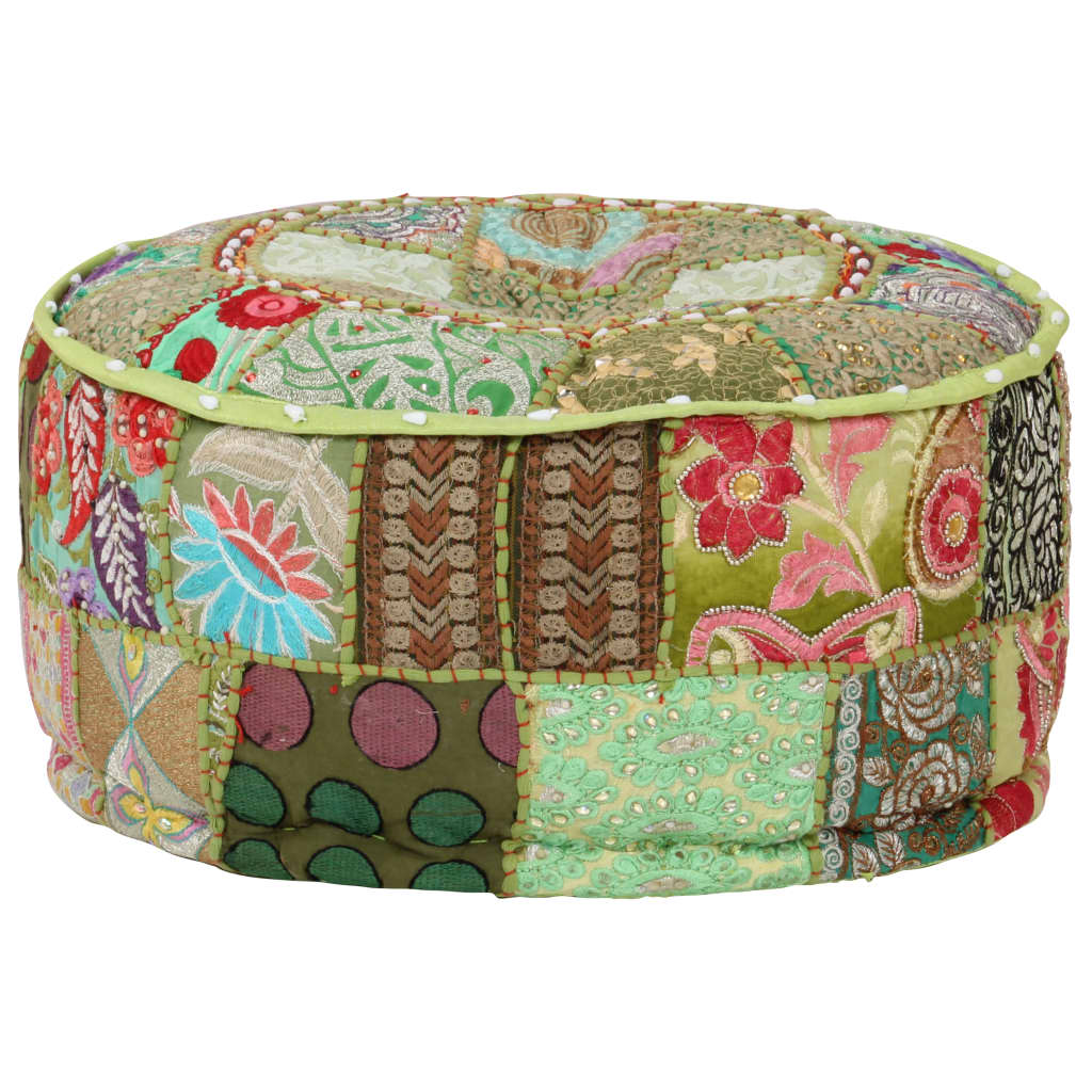 Patchwork Pouffe Round Cotton Handmade 40x20 Cm Green 1 Patchwork Pouffe Round Cotton Handmade 40x20 Cm Green