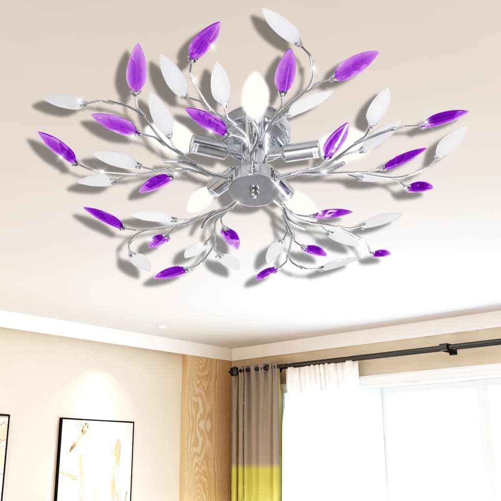 Purple&white Ceiling Lamp Acrylic Crystal Leaf Arms For 5 E14 Bulbs 2