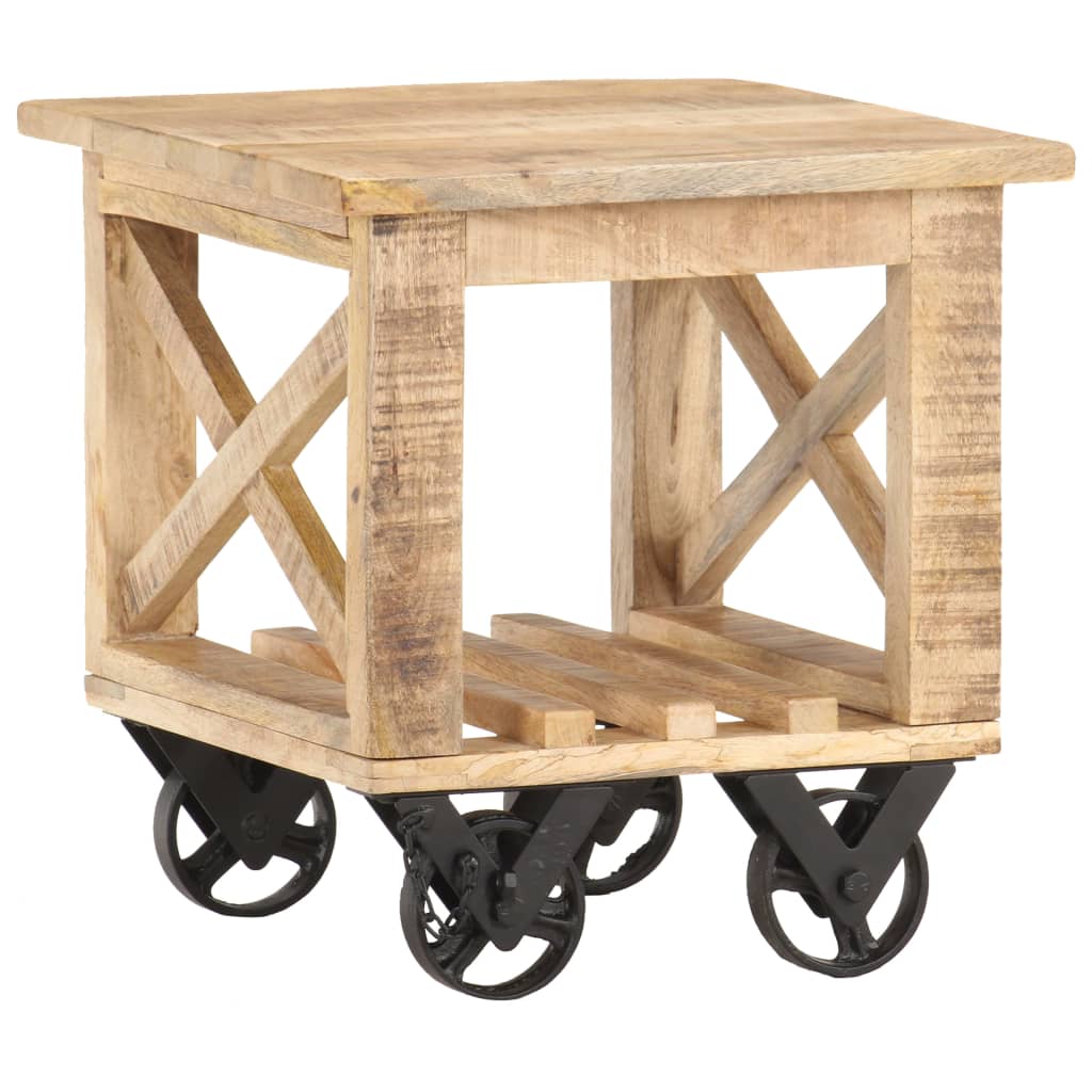 Side Table With Wheels 40x40x42 Cm Rough Mango Wood 2