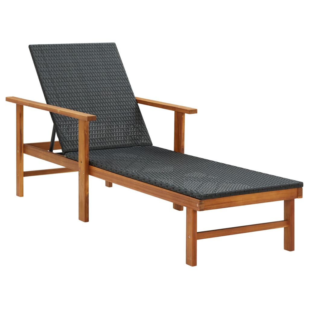 Sun Lounger Poly Rattan And Solid Acacia Wood Black 2
