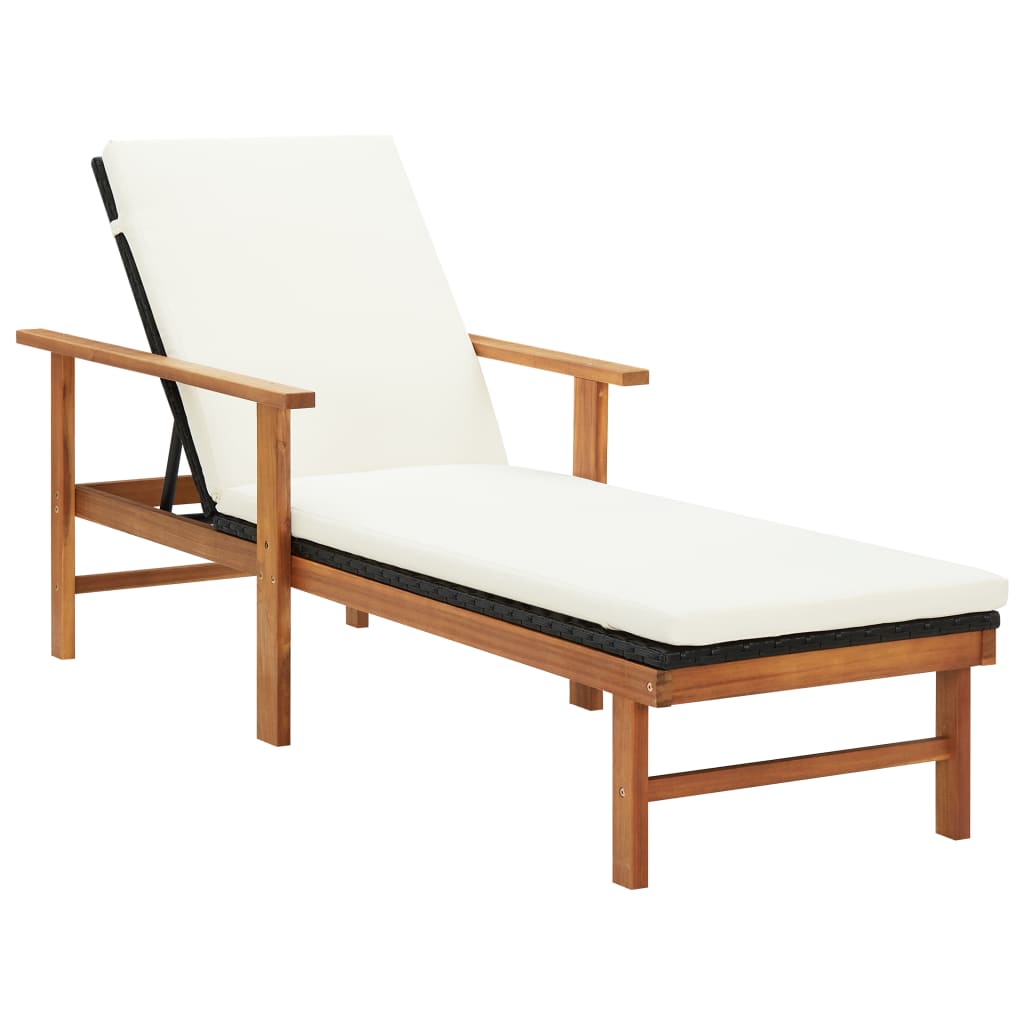 Sun Lounger With Cushion Poly Rattan And Solid Acacia Wood Dr Techlove