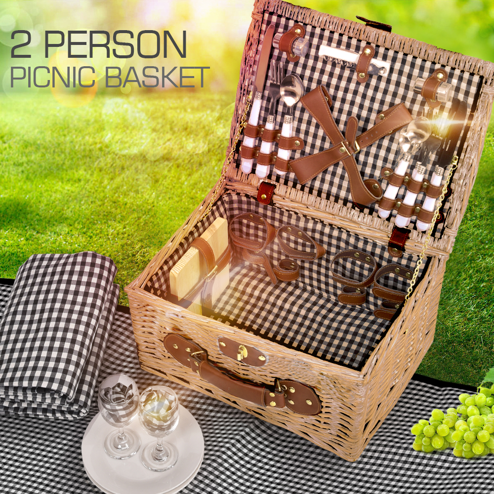 Deluxe 2 Person Picnic Basket Baskets Set Outdoor Blanket Park Trip 1