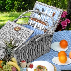 Wicker 4 Person Folding Handle Picnic Basket With Blanket Grey