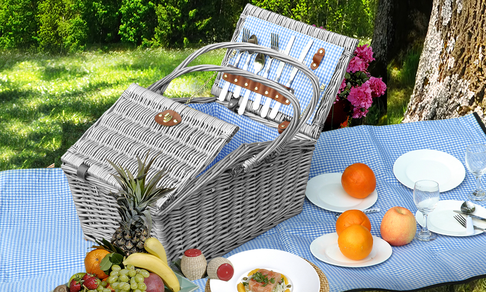 Wicker 4 Person Folding Handle Picnic Basket With Blanket Grey 2