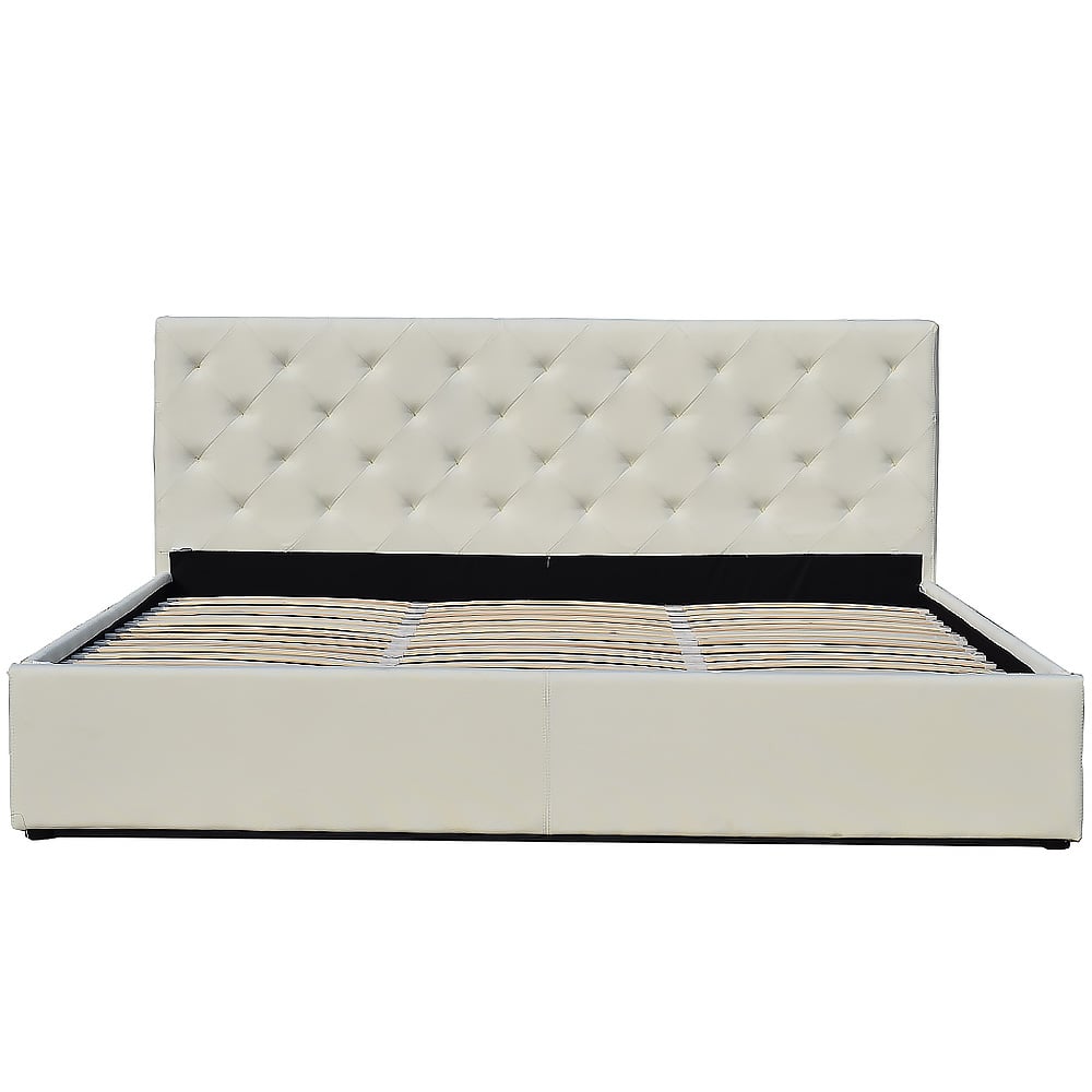 King Fabric Gas Lift Bed Frame with Headboard - Beige 1