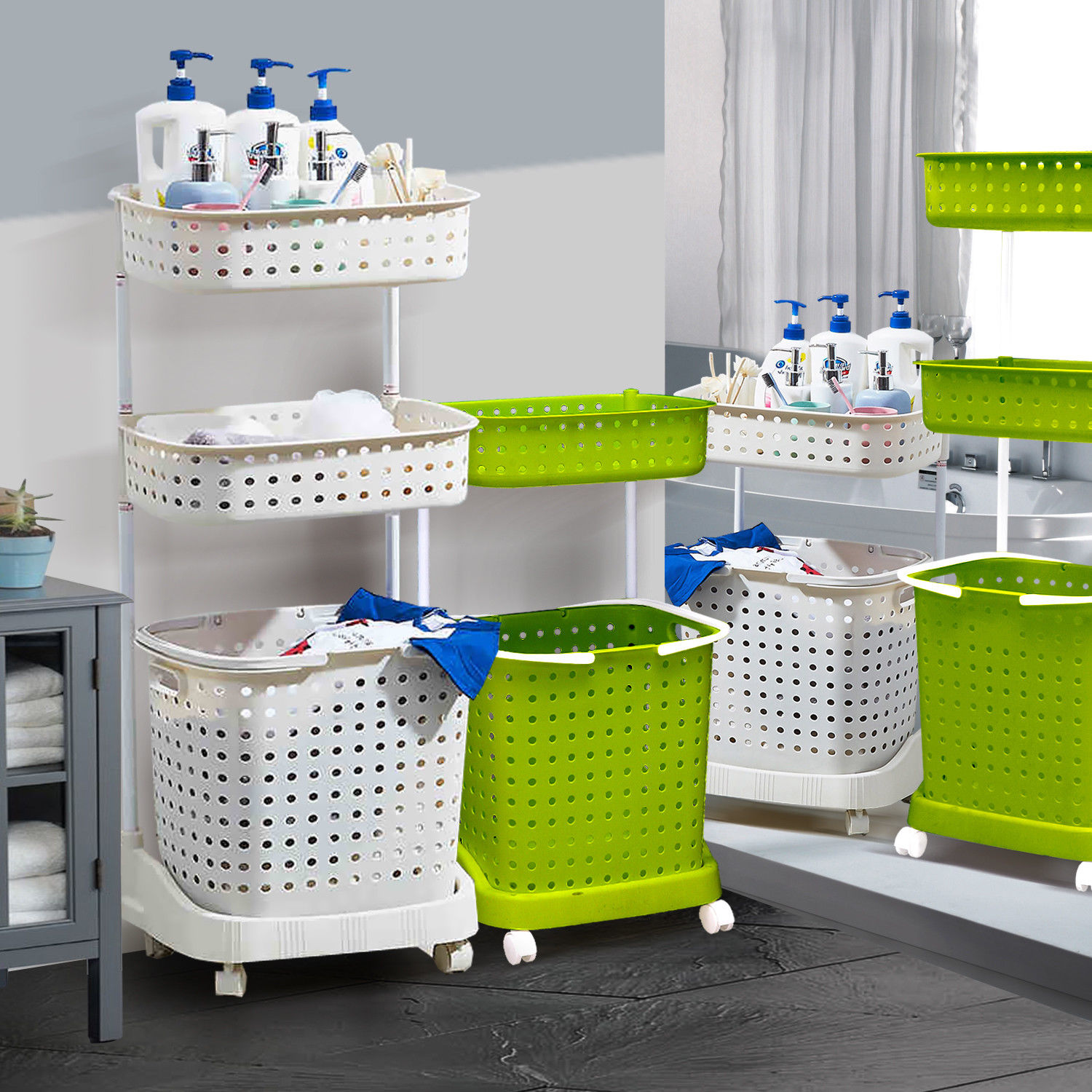 Bathroom Laundry Clothes Baskets Bin Removable Shelf Green 2