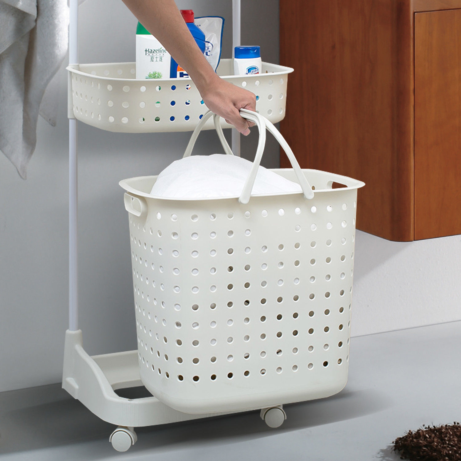 Bathroom Laundry Clothes Baskets Bin Removable 3-Tier Shelf White 2