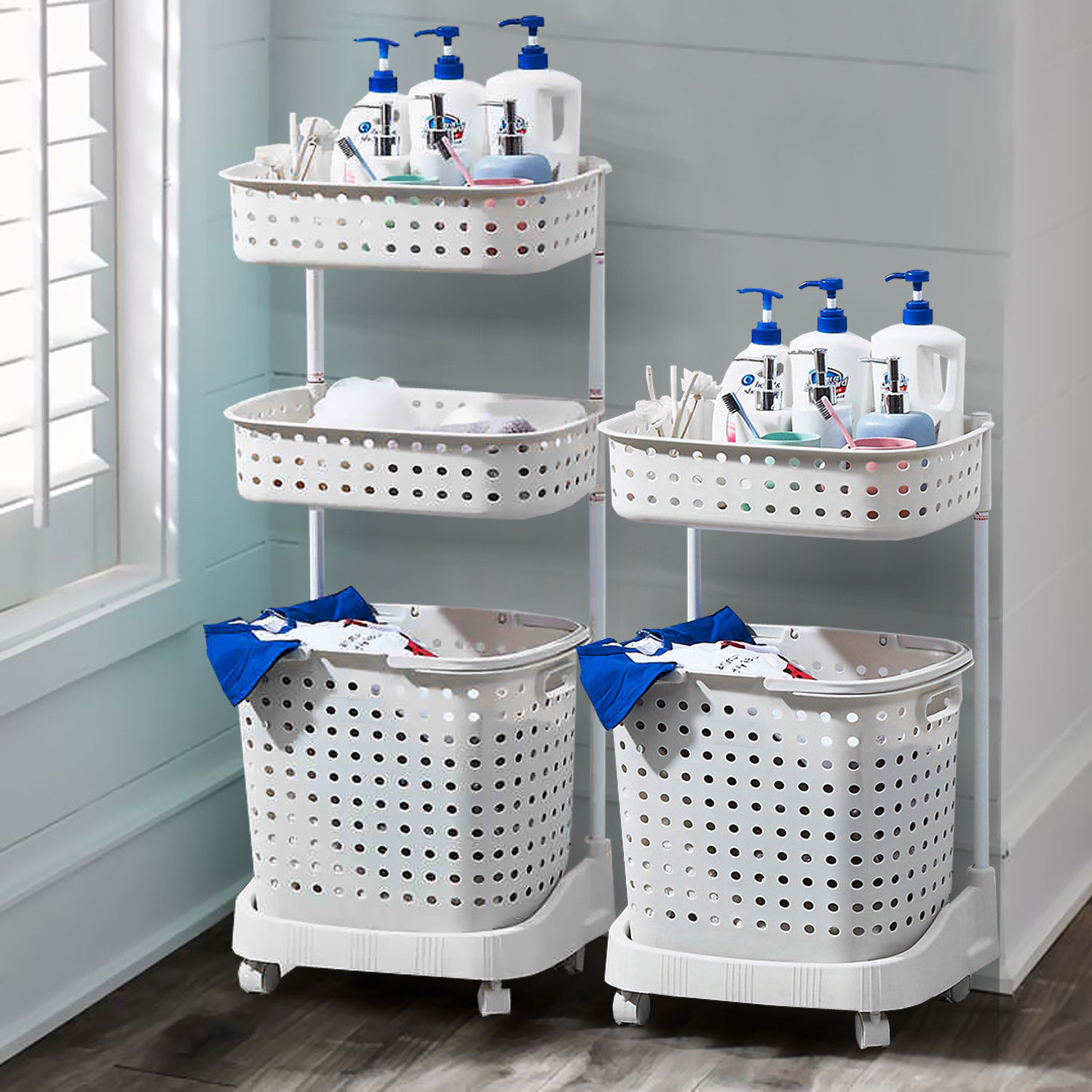 Bathroom Laundry Clothes Baskets Bin Removable Shelf White 2