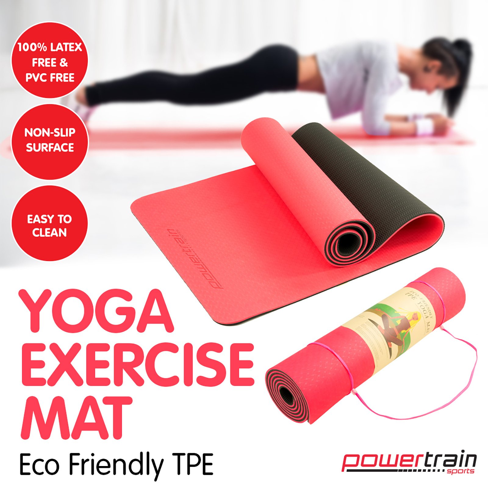 Powertrain Eco-Friendly TPE Pilates Exercise Yoga Mat 8mm - Red 1