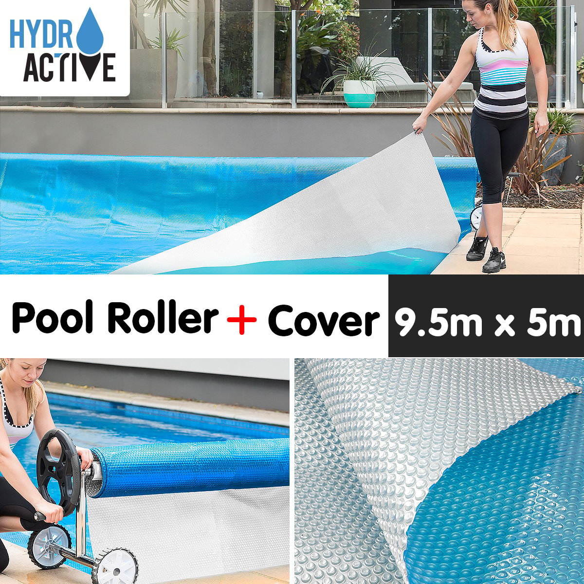 400micron Swimming Pool Roller Cover Combo - Silver/Blue - 9.5m x 5m 2