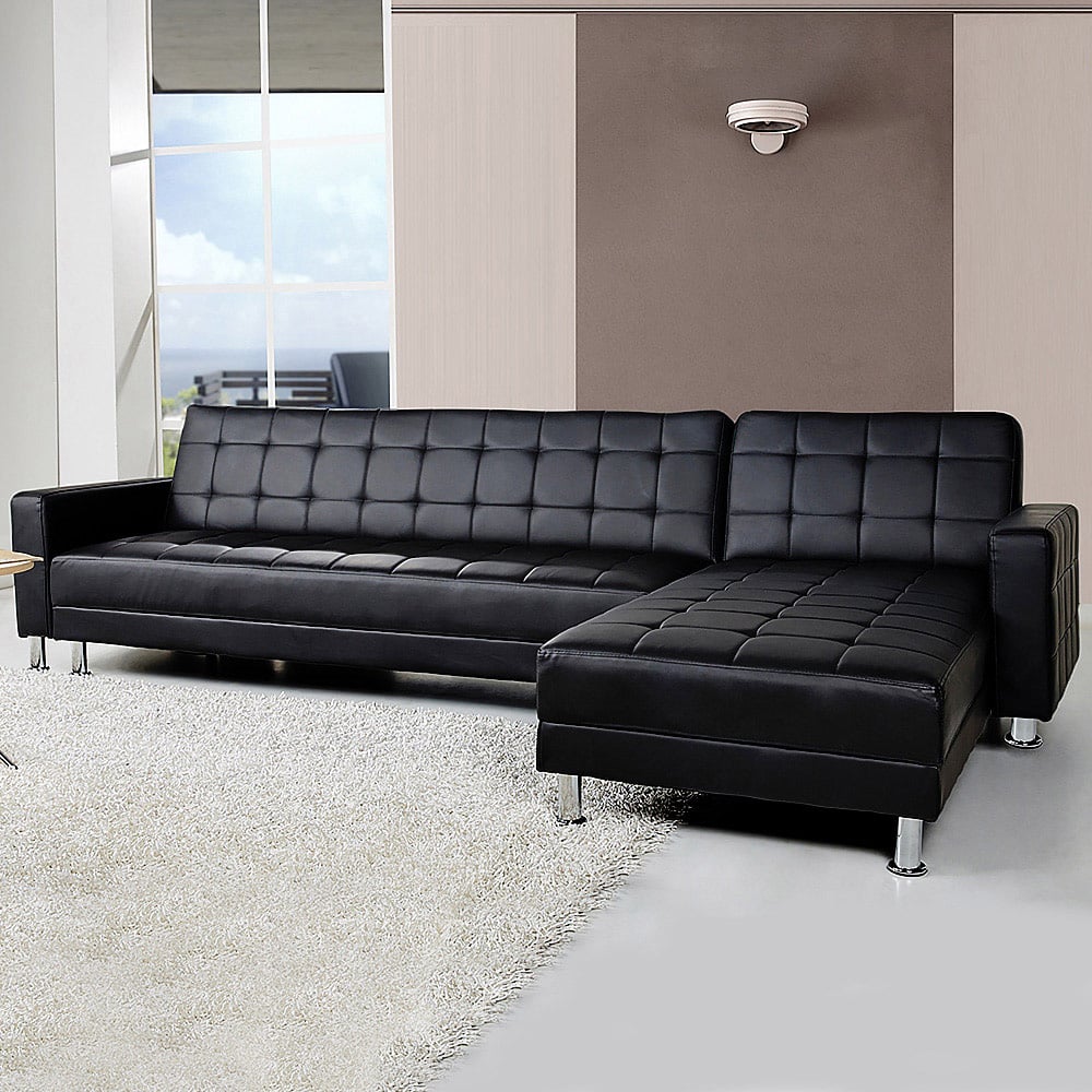 Sarantino Corner Faux Leather Sofa Bed Couch with Chaise - Black 1