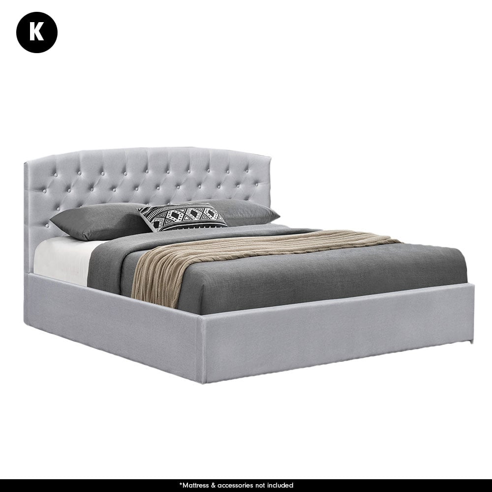King Size Fabric Gas Lift Storage Bed Frame w/ Headboard Light Grey 1