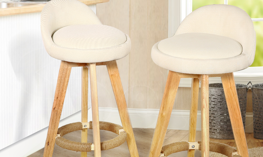 2 Pcs Wooden Bar Stools Swivel Padded Fabric Seat Dining Chairs Beige 1