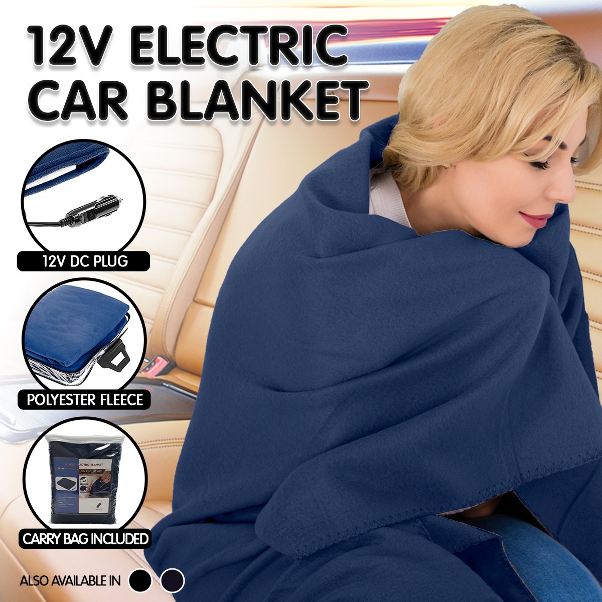 Heated Electric Car Blanket 150x110cm 12V Navy Blue Dr Techlove