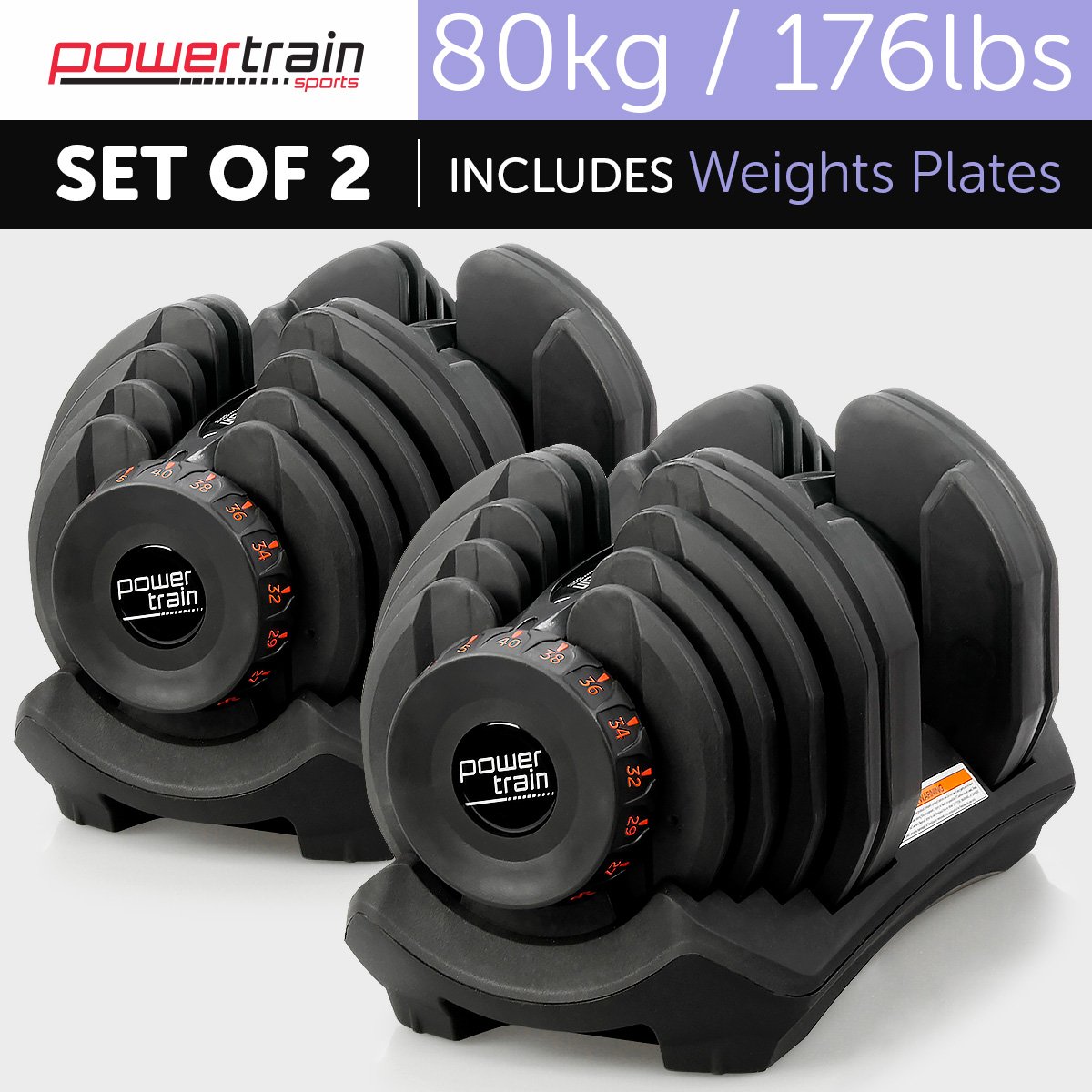 2x 40kg Powertrain Adjustable Dumbbells Home Gym Set Dr Techlove