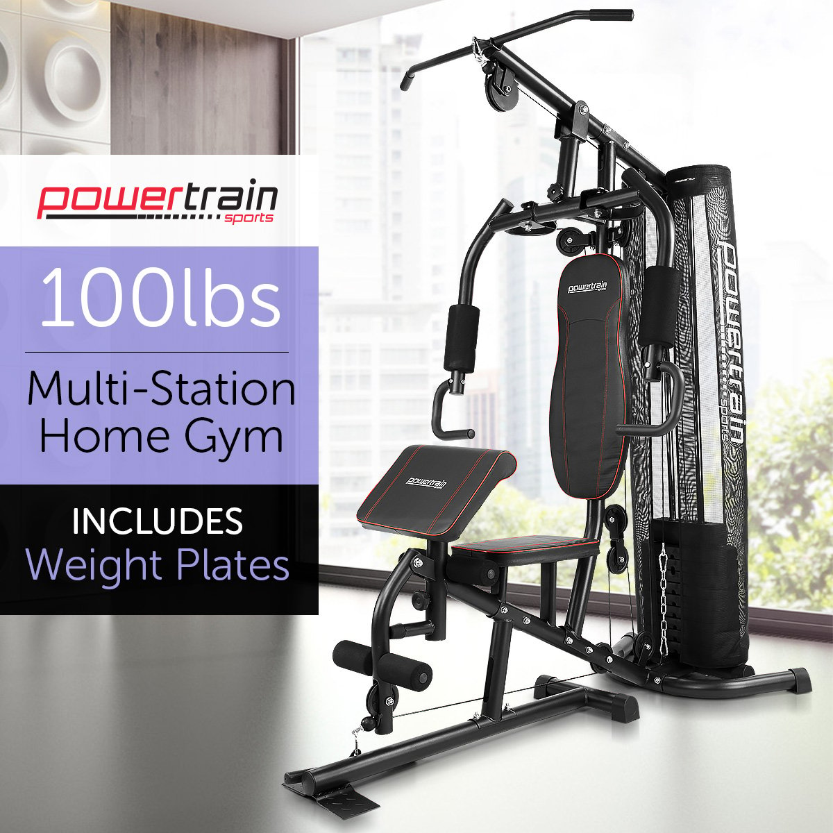 Powertrain Multi Station Home Gym with 45kg Weights Preacher Curl Pad 1