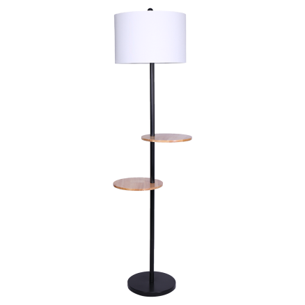 Sarantino Metal Floor Lamp Shade with Black Post in Round Wood Shelves 1