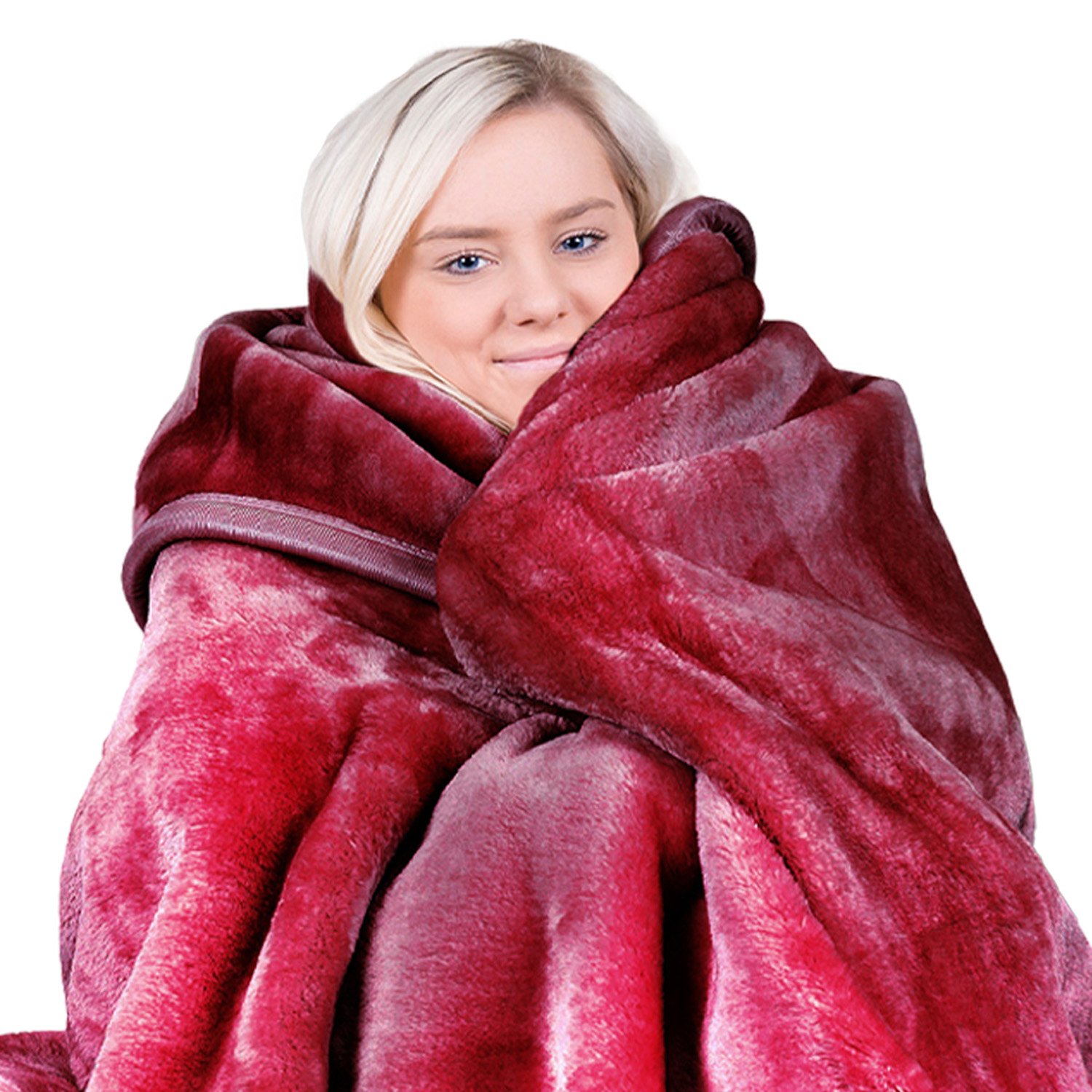 Laura Hill 600GSM Faux Mink Blanket Double-Sided Queen Size - Wine Red 1