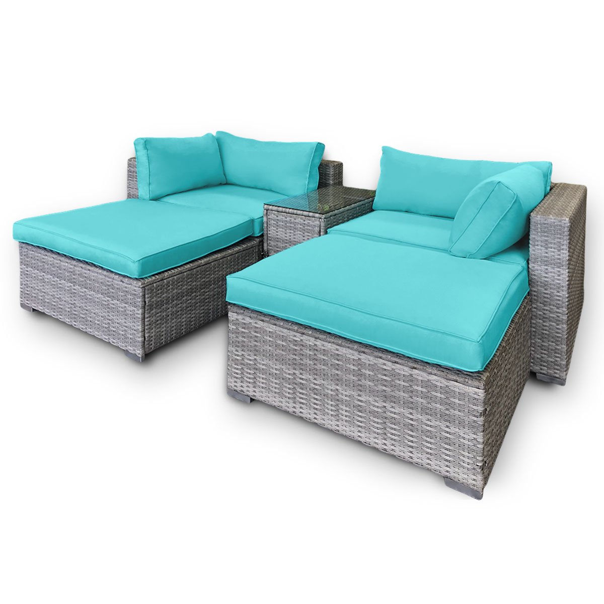Rattan Outdoor 5pc Corner Chairs Ottoman Furniture Lounge - Aqua 2