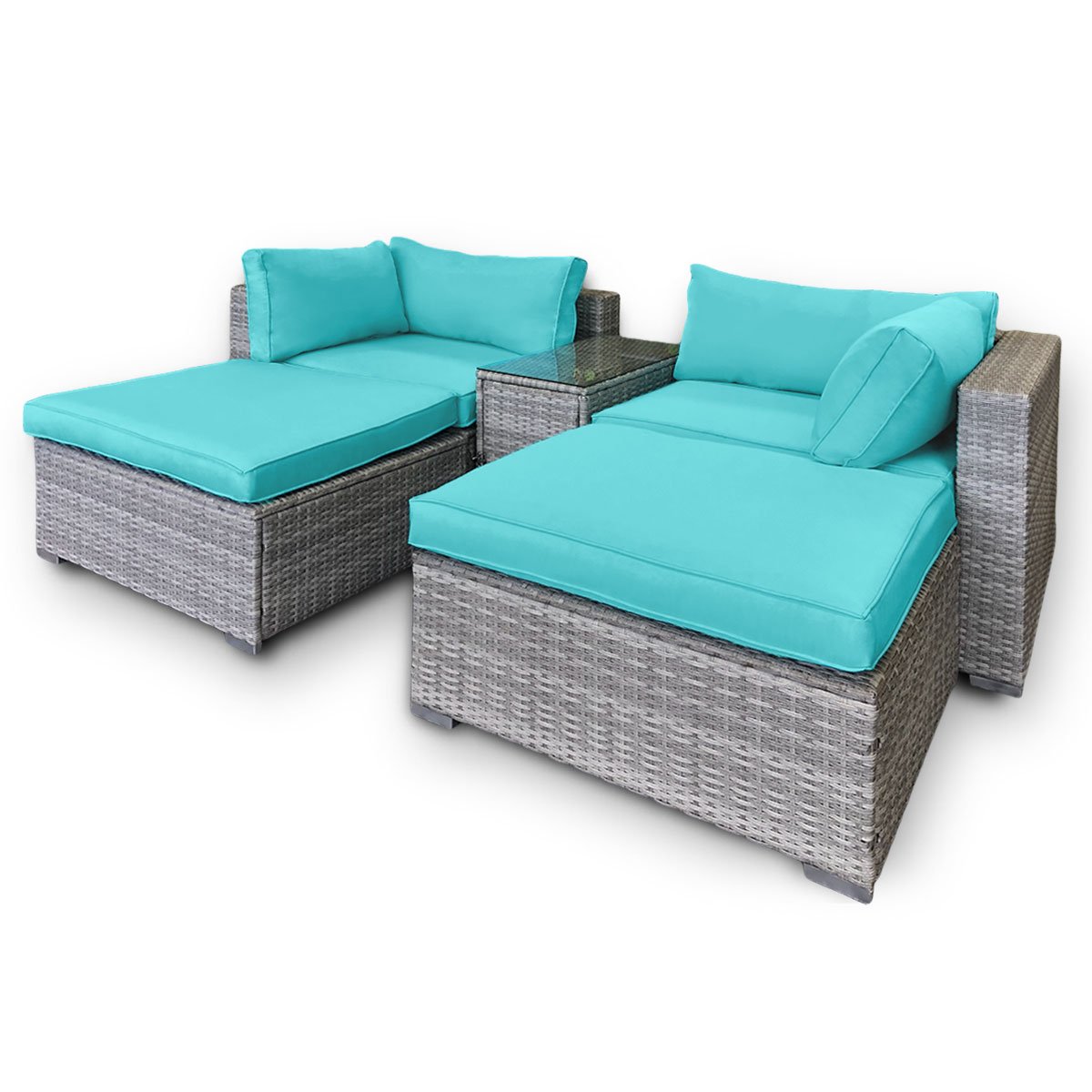 Rattan Outdoor 5pc Corner Chairs Ottoman Furniture Lounge Aqua Dr