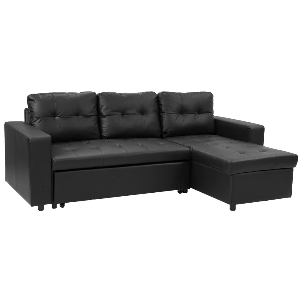 Sarantino Corner Sofa Bed Storage Chaise Couch Faux Leather Black 2