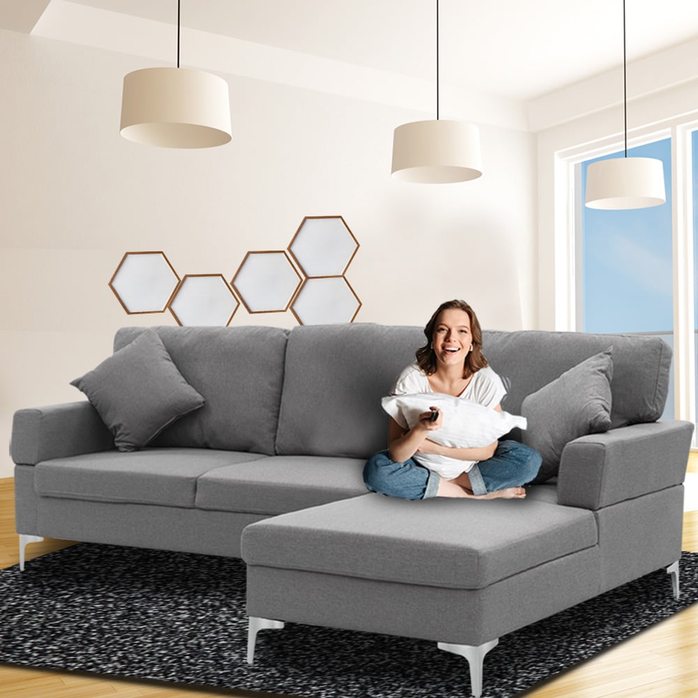 Sarantino Linen Corner Sofa Couch Lounge L-shape w/ Left Chaise D.Grey 2