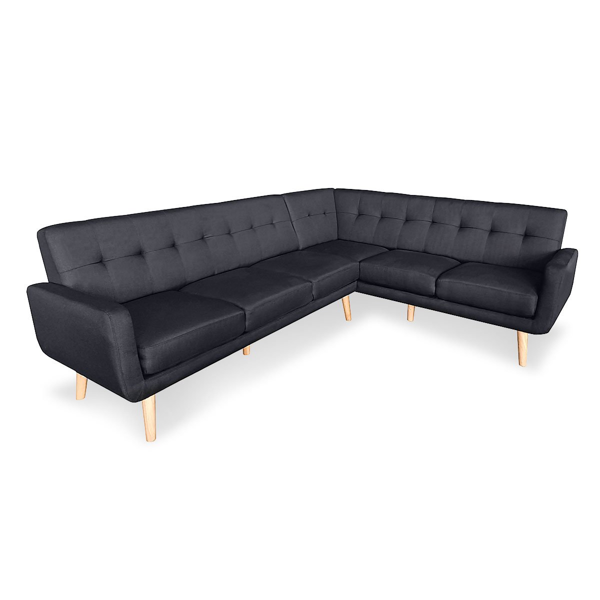 Faux Linen Corner Wooden Sofa Lounge L-shaped with Chaise Black 2