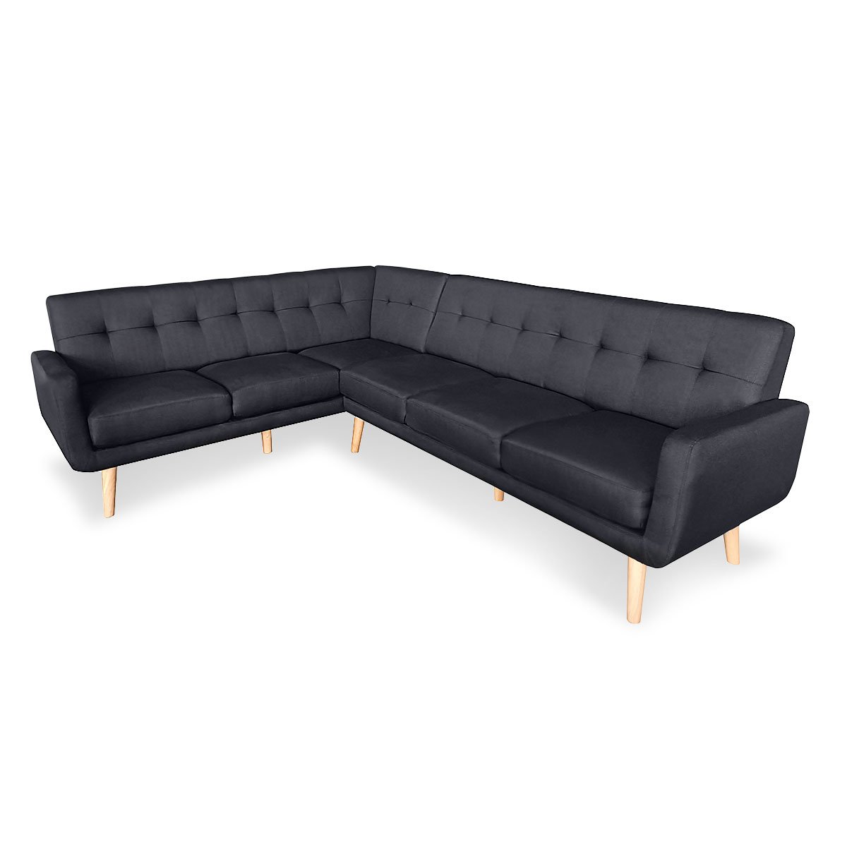 Faux Linen Corner Wooden Sofa Futon Lounge L-shaped with Chaise Black 2