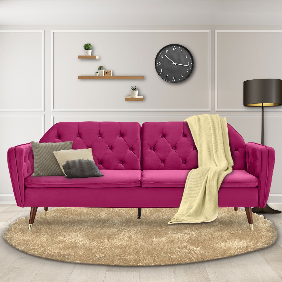 Sarantino Faux Velvet Tufted Sofa Bed Couch Futon - Burgundy 2