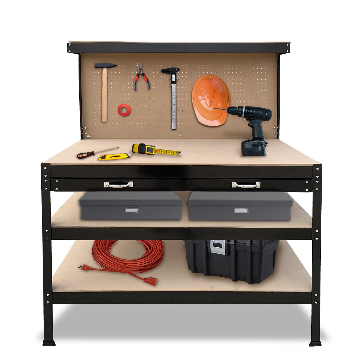 3-layer Steel Work Bench Garage Storage Table Tool Shop Shelf Pegboard Drawer 2
