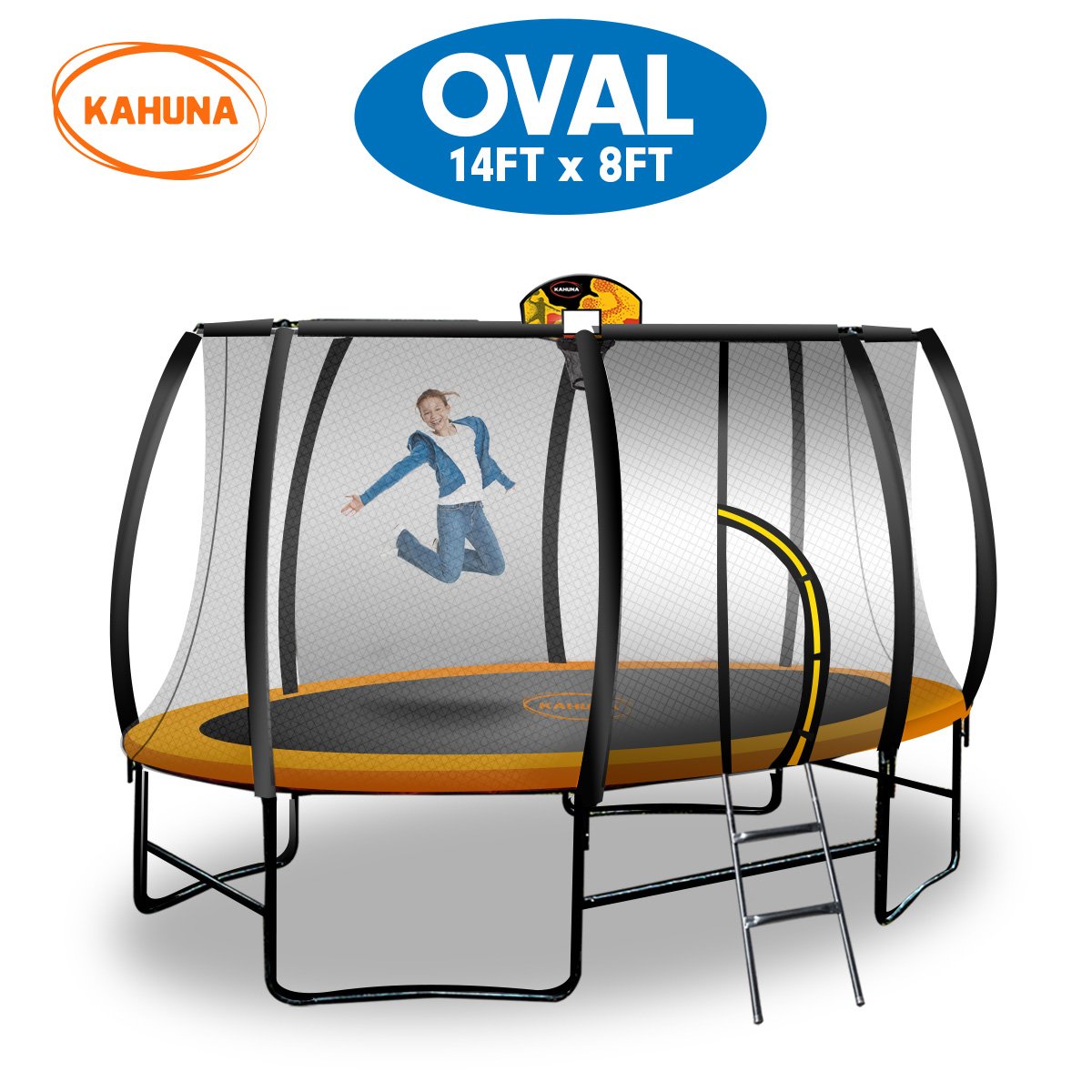 Kahuna Trampoline 8 ft x 14ft Oval with Basketball Set - Orange 1