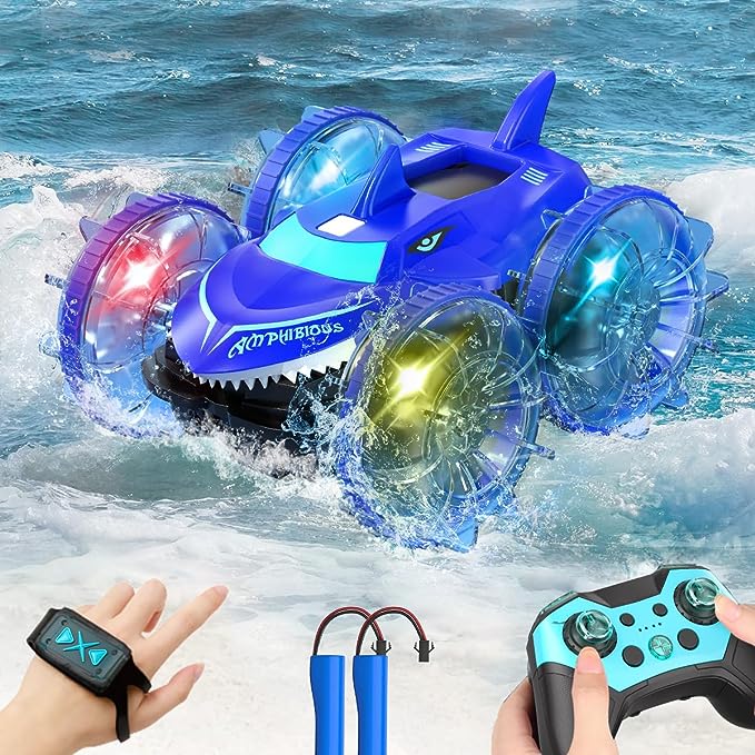Amphibious RC Car with Lights for Kids 3-12 Year Old Gesture Hand Controlled Remote Control Boat 4WD 2.4 GHz Waterproof RC Stunt Car 360° Rotating Wat 1