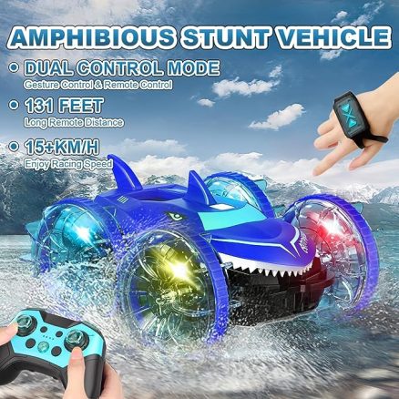 Amphibious RC Car with Lights for Kids 3-12 Year Old Gesture Hand Controlled Remote Control Boat 4WD 2.4 GHz Waterproof RC Stunt Car 360° Rotating Wat 2