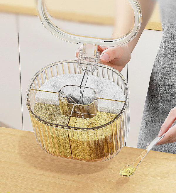 Joybos® 4 Compartments Clear Seasoning Box With Lid and Spoons F43 1 Joybos® 4 Compartments Clear Seasoning Box With Lid and Spoons F43