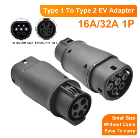 16A/32A EV Charger Adapter Socket Type1 J1772 to Type2 IEC 62196 EVSE Electric Vehicle Charging Converter Connector Plug 1