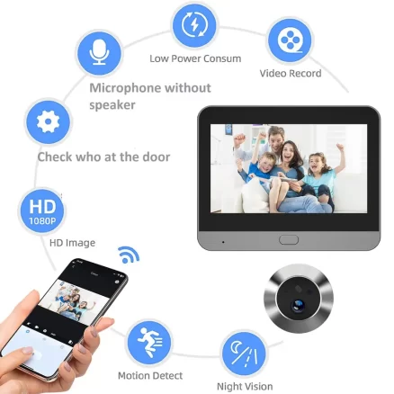 Icam App Remote View Motion Detect 1080P Hd Peephole Door Viewer Camera Two Way Speak Doorbell Smart Work With Google Alexa 4