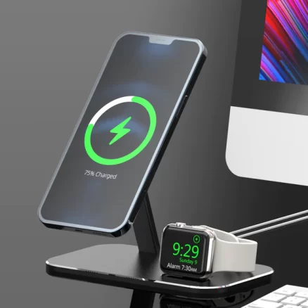 Magnetic Wireless Charger Mobile & Watch Charging Stand Charging Stand with QC3.0 Adapter for iPhone 12, Pro, Pro Max, Mini, Apple Watch2-6/SE and AirPods 8
