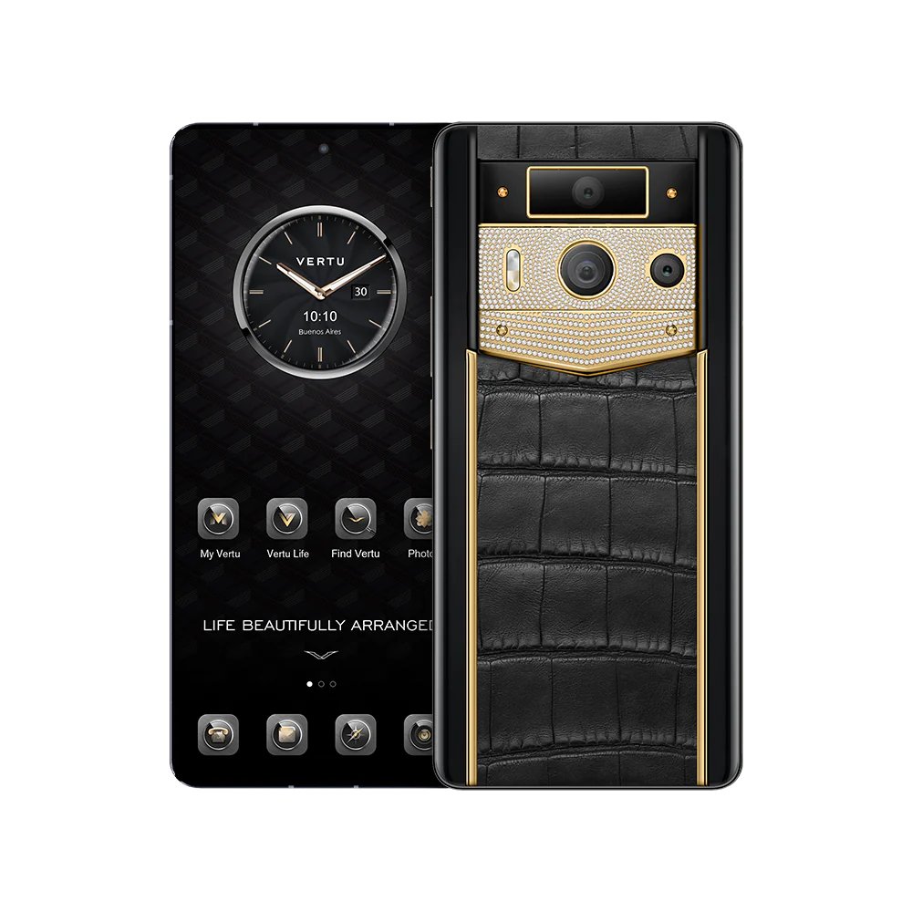 METAVERTU 2nd Generation Luxury Custom-Made Gold Plain Weave with Diamond Black Alligator Web3 AI Phone 2