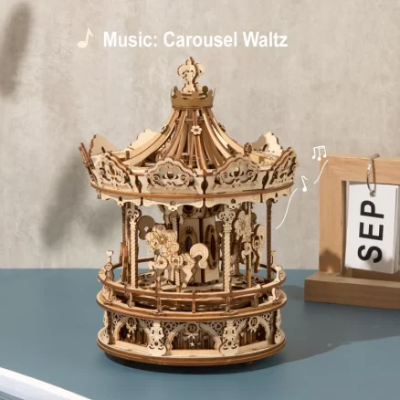 Wooden Romantic Carousel Mechanical Music Box 3D Wooden Puzzle AMK62 3
