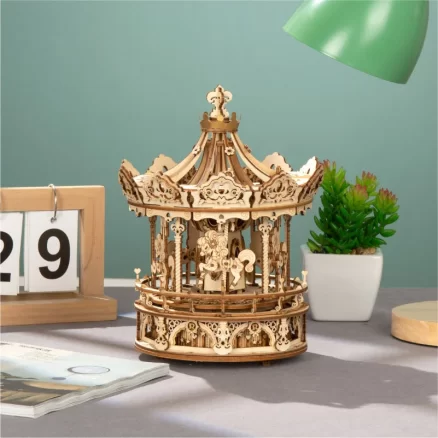 Wooden Romantic Carousel Mechanical Music Box 3D Wooden Puzzle AMK62 4