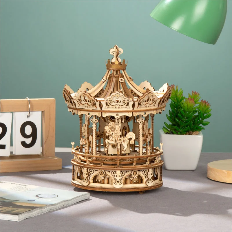 Wooden Romantic Carousel Mechanical Music Box 3D Wooden Puzzle AMK62 1
