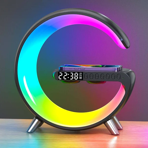 All In One Bluetooth Wireless Speaker Clock Wireless Charger With G Shaped LED Lamp Led Light Lamp 1